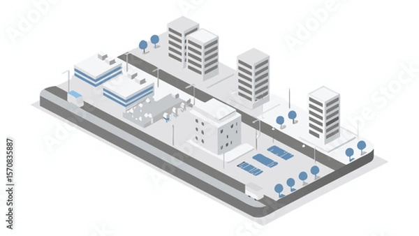 Fototapeta Isometric city landscape with buildings, roads, trees, and parking spaces on a gray platform base