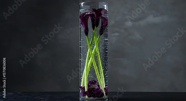 Fototapeta Elegant arrangement of purple calla lilies and green stems submerged in clear water in a tall glass vase, creating a visually striking and minimalist floral display against a dark background.