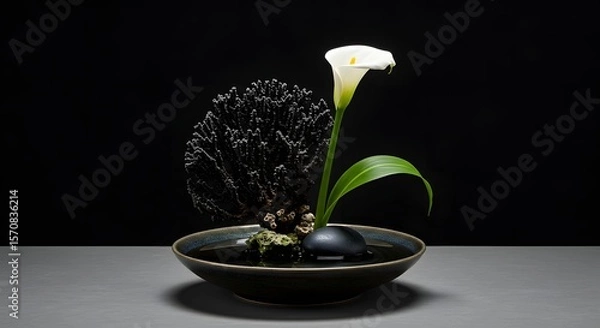 Fototapeta Elegant Ikebana Floral Arrangement with Calla Lily, Coral, and Stone in a Bowl, Japanese Zen Aesthetic, Minimalist Still Life on Dark Background, Tranquil Design