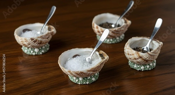 Fototapeta Close-up of four shell-shaped salt and pepper dishes with small spoons on a wooden surface, showcasing sea-inspired table decor, ideal for restaurant or home dining, evoking coastal ambiance.