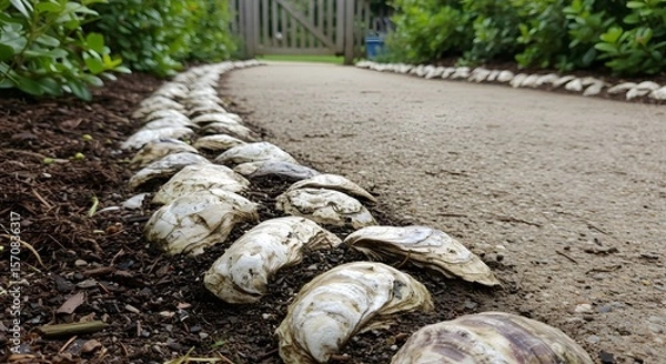 Fototapeta Oyster Shell Pathway Border in a Garden, Decorative Gravel Path with Oyster Shells, Decorative Garden Design, Natural Landscaping, Peaceful and Serene Scene, Exterior Garden Design, Perspective Shot