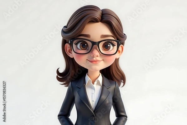 Fototapeta Cartoon Woman in Business Attire: A 3D Character Portrait with Glasses and Professional Style on a Clean, Minimal Background.                         