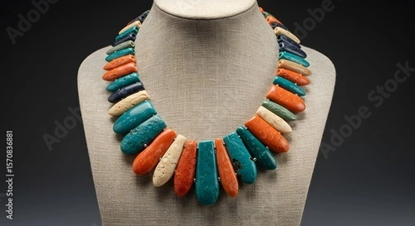 Fototapeta Close-up studio shot of a vibrant, handcrafted statement necklace with colorful, carved gemstone pendants on a mannequin against a dark background, showcasing intricate jewelry design and fashion.