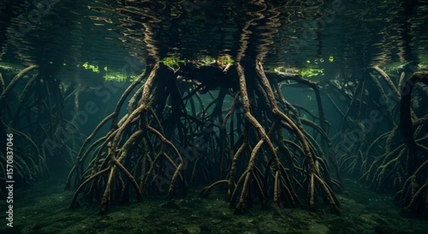 Fototapeta Underwater view of mangrove roots in a tranquil, dark water environment. The intricate network of roots creates a captivating, surreal landscape, showcasing the beauty of nature's hidden depths.
