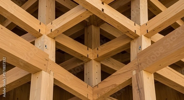 Fototapeta Close-up of intricate wooden framework construction, showcasing geometric patterns, joinery details, and the texture of natural wood, perfect for architectural or design concepts.