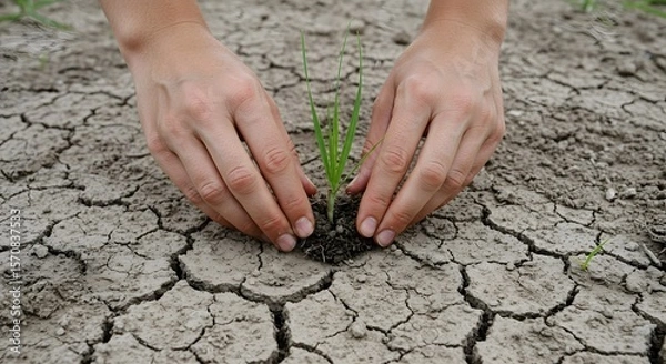 Fototapeta Human hands carefully tending to a small green plant struggling to grow in dry, cracked earth, symbolizing environmental protection, conservation, and the hope for new life and resilience.