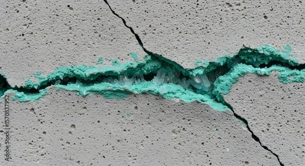 Fototapeta Close-up of a cracked concrete surface revealing vibrant turquoise mineral deposits and crystal formations within the fracture, highlighting the beauty of natural geological processes.