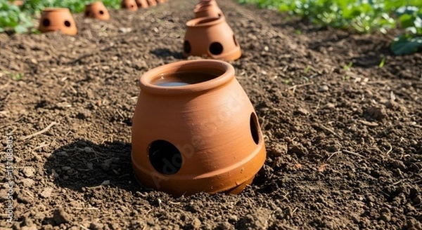 Fototapeta Row of terracotta ollas, clay pots filled with water, used for efficient and sustainable irrigation in a garden or agricultural field, promoting water conservation and eco-friendly farming practices.