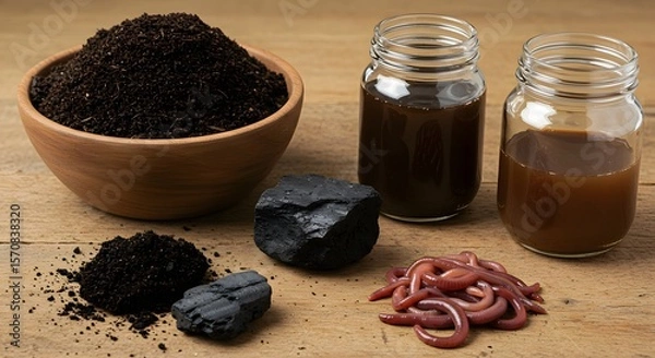 Fototapeta Organic Gardening and Composting: Soil, Compost, Worms, and Biochar on a Wooden Table, Demonstrating Natural Soil Enrichment and Sustainable Gardening Techniques.