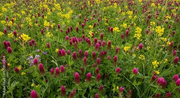 Fototapeta Vibrant field of crimson clover and yellow wildflowers in full bloom, showcasing a natural and colorful landscape with diverse flora, perfect for nature and botanical themes.