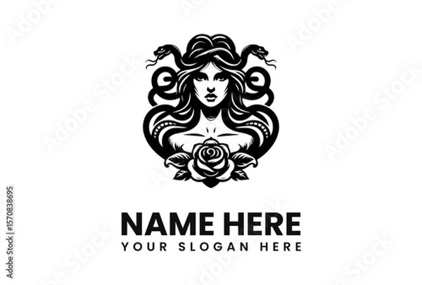 Fototapeta A detailed black and white illustration of Medusa with snakes and a rose.