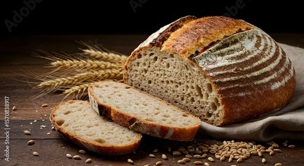 Fototapeta Artisan Bread: A freshly baked loaf of artisan bread, its crust a rich golden brown, alongside a pile of golden wheat and a slice on a wooden table, showcasing its inviting texture and aroma.