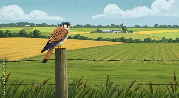 Fototapeta Digital illustration of a perched American Kestrel, a small falcon, on a wooden post overlooking a vibrant, stylized agricultural landscape with farm buildings and fields under a sunny, blue sky.