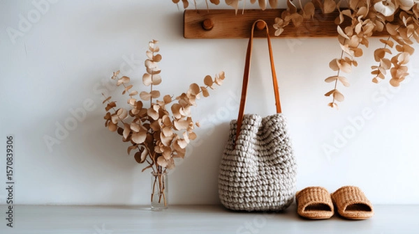 Fototapeta A boho summer outfit display featuring a knitted bag, wooden hanger, and a pair of woven slippers. Dried eucalyptus branches add a natural touch.