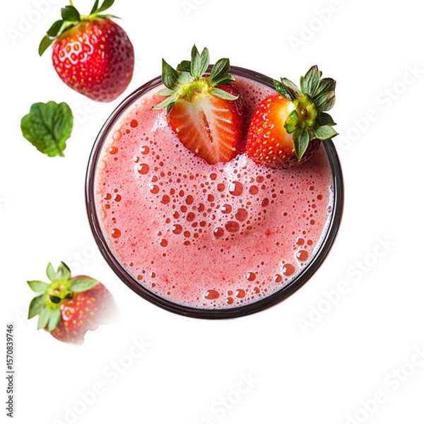 Obraz 
a glass with a strawberries and black berry flavoured smoothie.top view