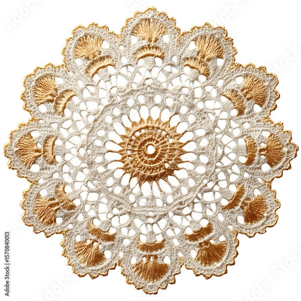 Obraz Delicate circular lace crochet doily in cream yarn, elegant vintage threadwork with perfect symmetry, viewed top-down, isolated transparent background with minimal design