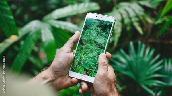 Obraz Exploring digital technology with a smartphone in a green