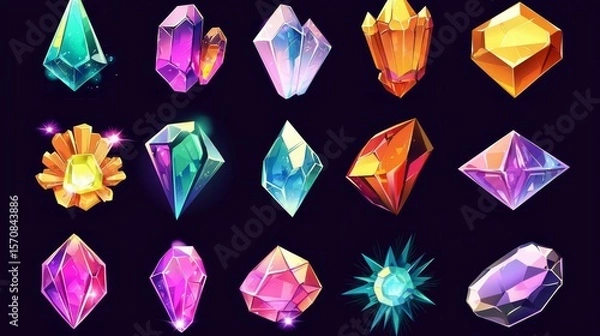 Fototapeta Delightful cartoon gemstones and crystals set on a rich dark surface.