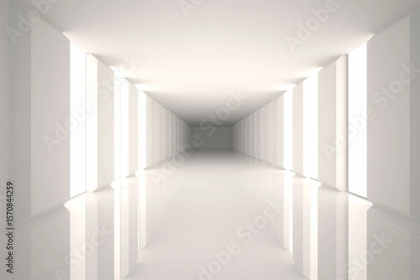 Fototapeta Minimalist corridor is showing white walls and high-gloss floor in 3D render with vertical panels