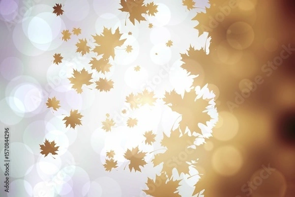 Fototapeta Golden maple leaf silhouettes are scattering across soft-focus bokeh gradient abstract flat design