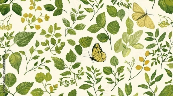 Fototapeta A vibrant green botanical pattern showcasing diverse leaves and a butterfly.