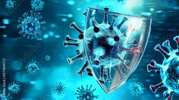 Fototapeta Artistic representation of a barrier designed to ward off viruses and bacteria at a microscopic level. 