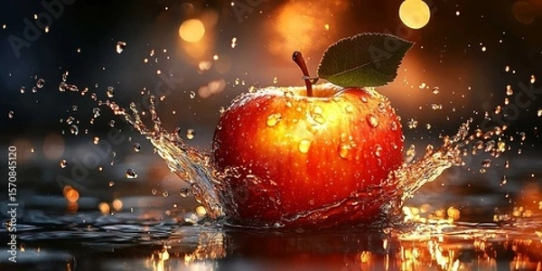 Fototapeta The striking glow of water enhanced by a falling red apple.