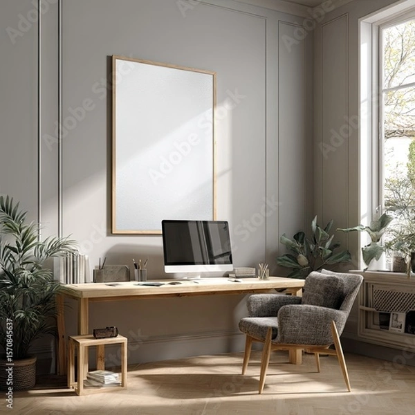 Fototapeta Sunlit home office with a large framed blank canvas, wooden desk, computer, armchair, and plants