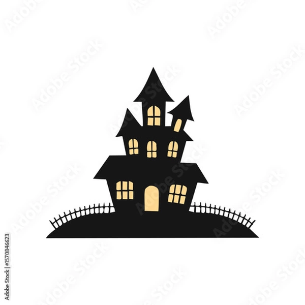 Fototapeta Spooky black haunted house with glowing windows and fence silhouette