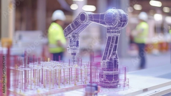 Fototapeta Collaboration between human workers and robotics in modern building projects.