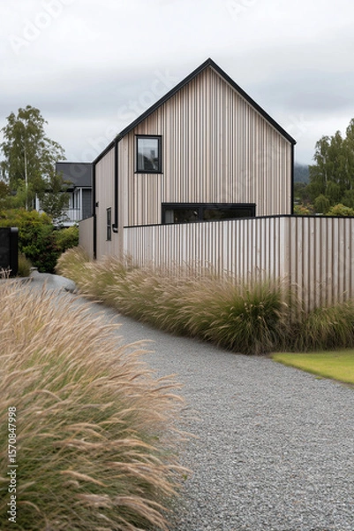 Fototapeta Modern house with wooden exterior surrounded by tall grass and gravel pathway. Overcast sky in the background.
