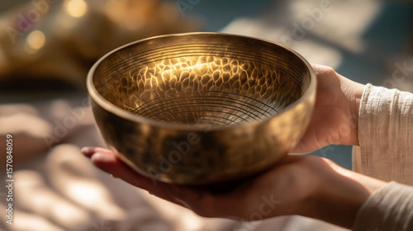 Fototapeta A person holds a shiny, intricately designed golden bowl. The bowl has a textured surface and reflects light beautifully. Soft background elements are blurred.