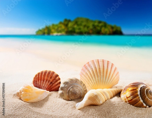 Fototapeta composition with beach water, sand, starfish and seashells. Summer vacations concept.
