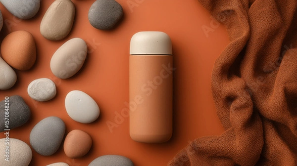 Fototapeta A stylish insulated water bottle in a warm terracotta color surrounded by smooth pebbles and a soft brown fabric. The scene conveys a cozy, minimalist aesthetic.
