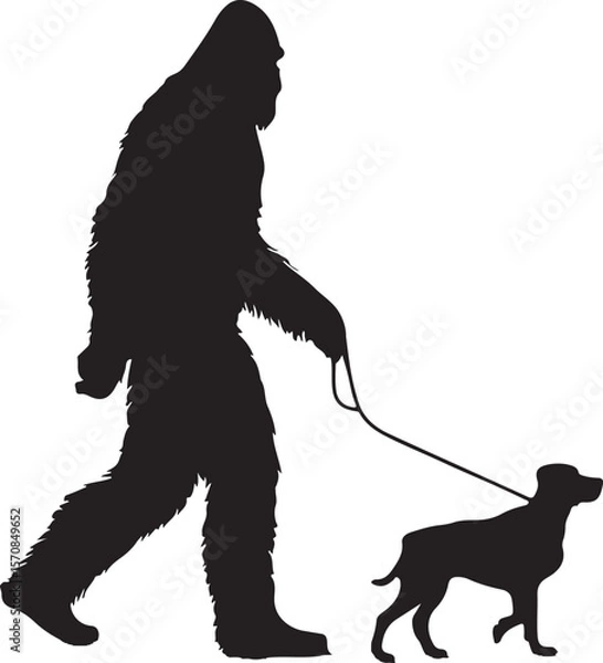 Obraz Bigfoot Walking a Dog on a Leash Silhouette Vector Illustration on Transparent Background