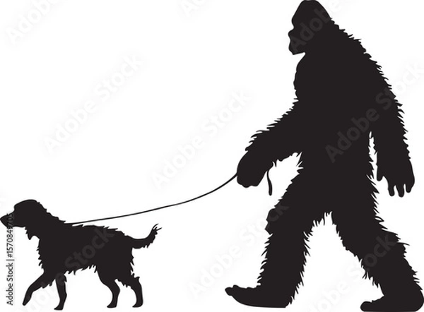 Obraz Bigfoot Walking a Dog on a Leash Silhouette Vector Illustration on Transparent Background