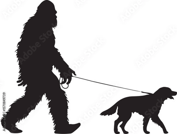 Obraz Bigfoot Walking a Dog on a Leash Silhouette Vector Illustration on Transparent Background