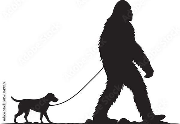 Obraz Bigfoot Walking a Dog on a Leash Silhouette Vector Illustration on Transparent Background