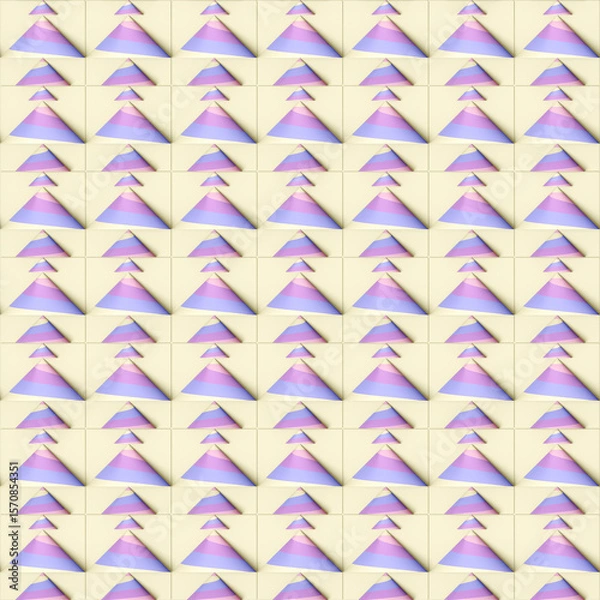 Fototapeta Illustration of striped cones on light beige squares. Contrasting shapes and colors create a rhythmic modern pattern. 3d rendering
