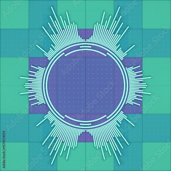 Fototapeta Symmetrical abstract design with a circular element in the center surrounded by rays resembling a sound wave. Color scheme combines shades of green and purple. 3d rendering illustration