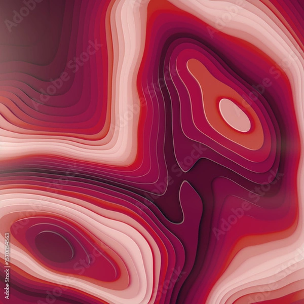 Fototapeta Digital illustration of abstract landscape with a pattern of intricate topographic lines in red color. 3d rendering