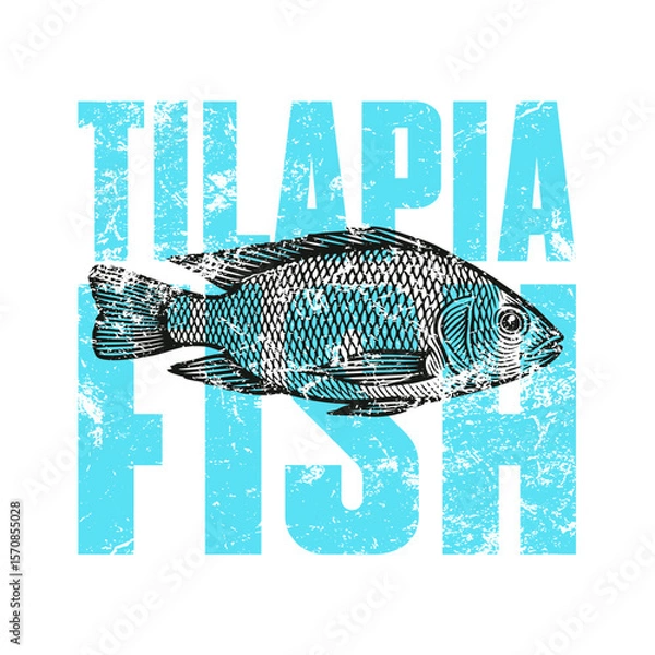 Fototapeta Black and white woodcut-style vector illustration of a tilapia fish in side view. The artwork features fine, clean lines and a stylized scale pattern.