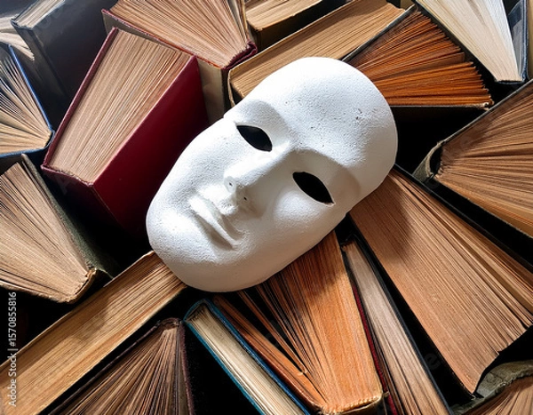 Fototapeta White Mask Displayed Amongst a Collection of Open Vintage Books