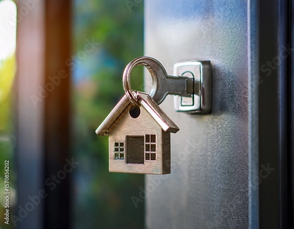 Fototapeta Close-Up of House Keychain in Keyhole Representing Security and Real Estate