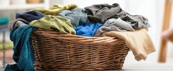 Fototapeta The full laundry basket overflowing with colorful clothes and textiles.