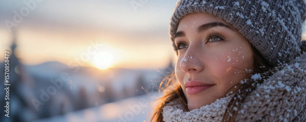 Obraz Close-up portrait of a beautiful young adult woman with snow on her face, wearing a knitted hat and scarf, looking up at a serene winter sunset in a snowy mountain landscape. Winter travel.