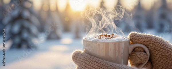 Obraz Hands in knitted mittens holding a steaming mug of hot chocolate with whipped cream and cinnamon in a snowy winter forest at sunset, Winter Comfort