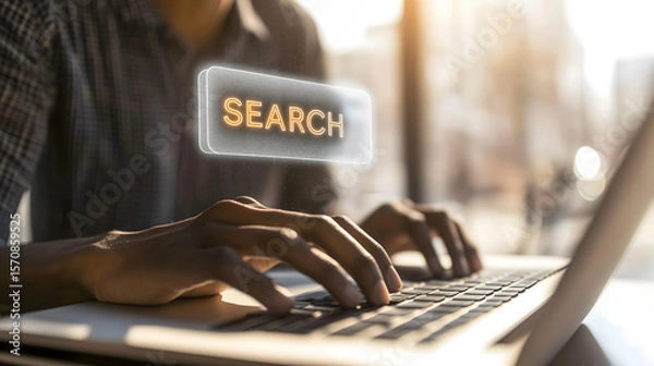 Obraz dark skinned male programmer presses keys on laptop keyboard he works and searches information orange Search box prominently displayed