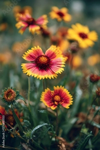 Fototapeta Vibrant Gaillardia flowers displaying bright red and yellow petals, growing densely within verdant garden landscape