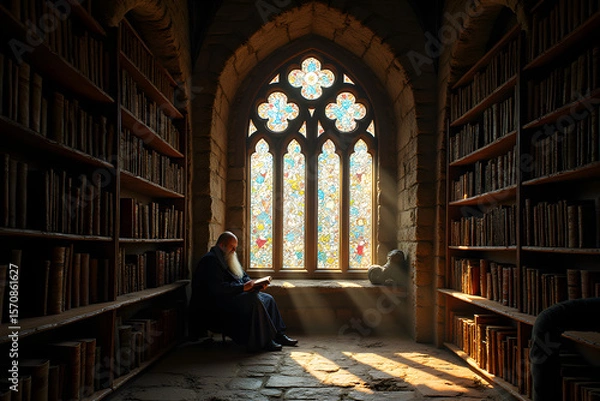 Fototapeta A medieval scholar sits reading beneath the stained glass of a stone castle library.
